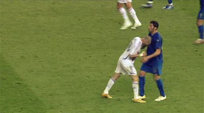 Zidane headbutting Materazzi in the chest