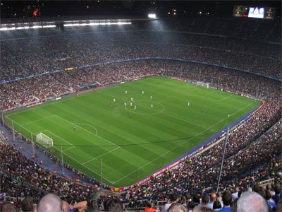 inside Camp Nou at night